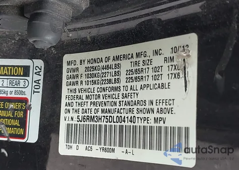 2013 Honda Cr-V Ex-L from USA, damaged, VIN 5J6RM3H75DL004140